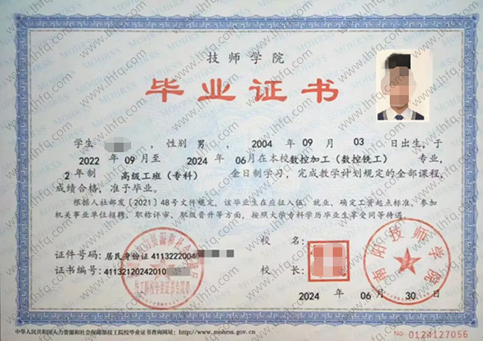 南阳技师学院2024年高级工班（专科）毕业证书样本图片