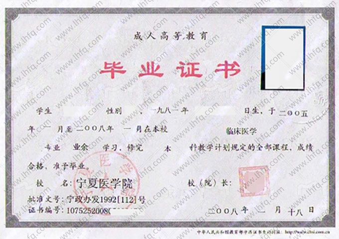 宁夏医学院毕业证样本图片