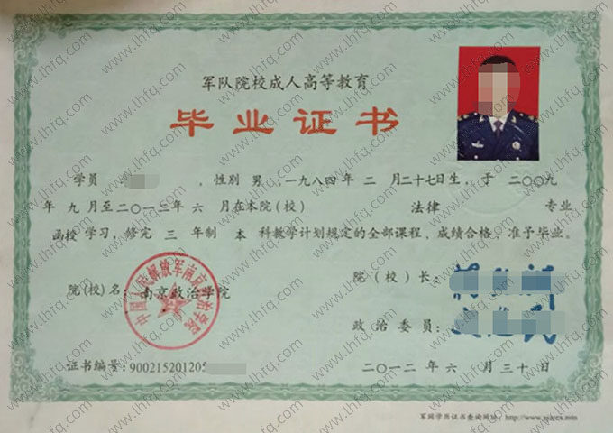 中国人民解放军南京政治学院毕业证样本图片