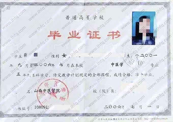 山西中医学院毕业证样本图片