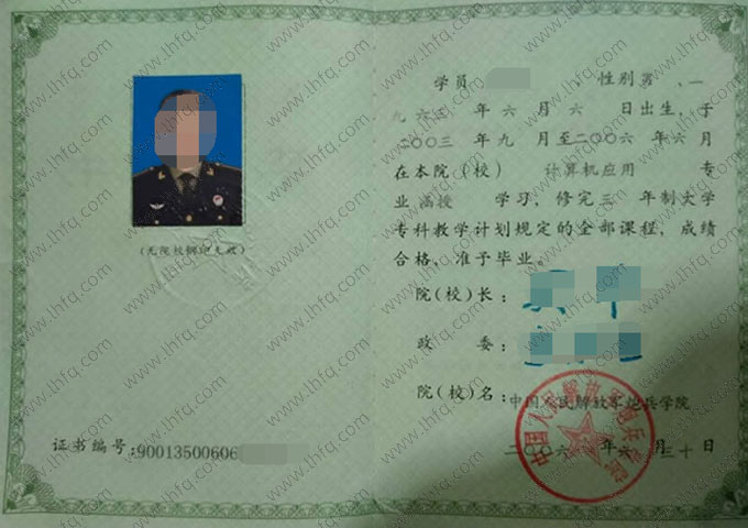 中国人民解放军炮兵学院毕业证样本图片