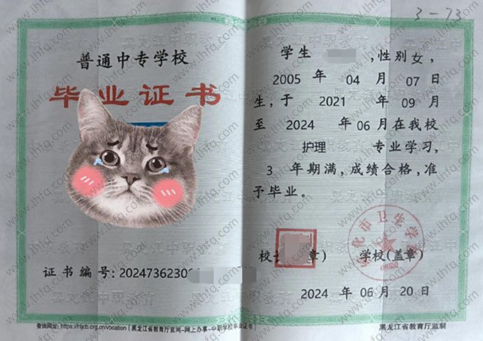 绥化市卫生学校2024年中专（中职）毕业证书样本图片