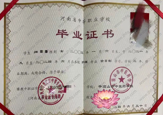 平顶山市中医药学校中专毕业证样本图片