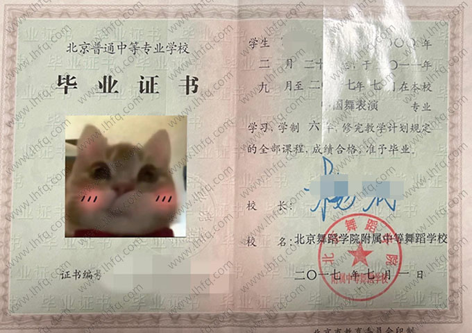 北京舞蹈学院附属中等舞蹈学校中专毕业证样本图片