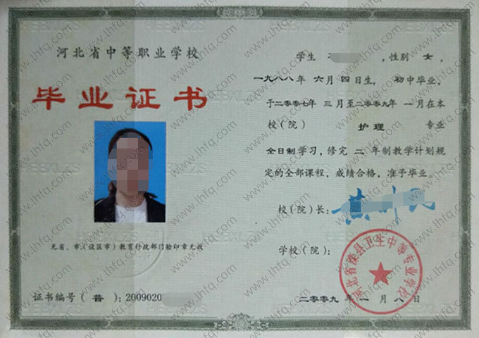 河北省滦县卫生中等专业学校中专毕业证样本图片